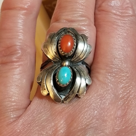 Vintage Jewelry - Rare Old Navajo Coral Turquoise Sterling Ring
